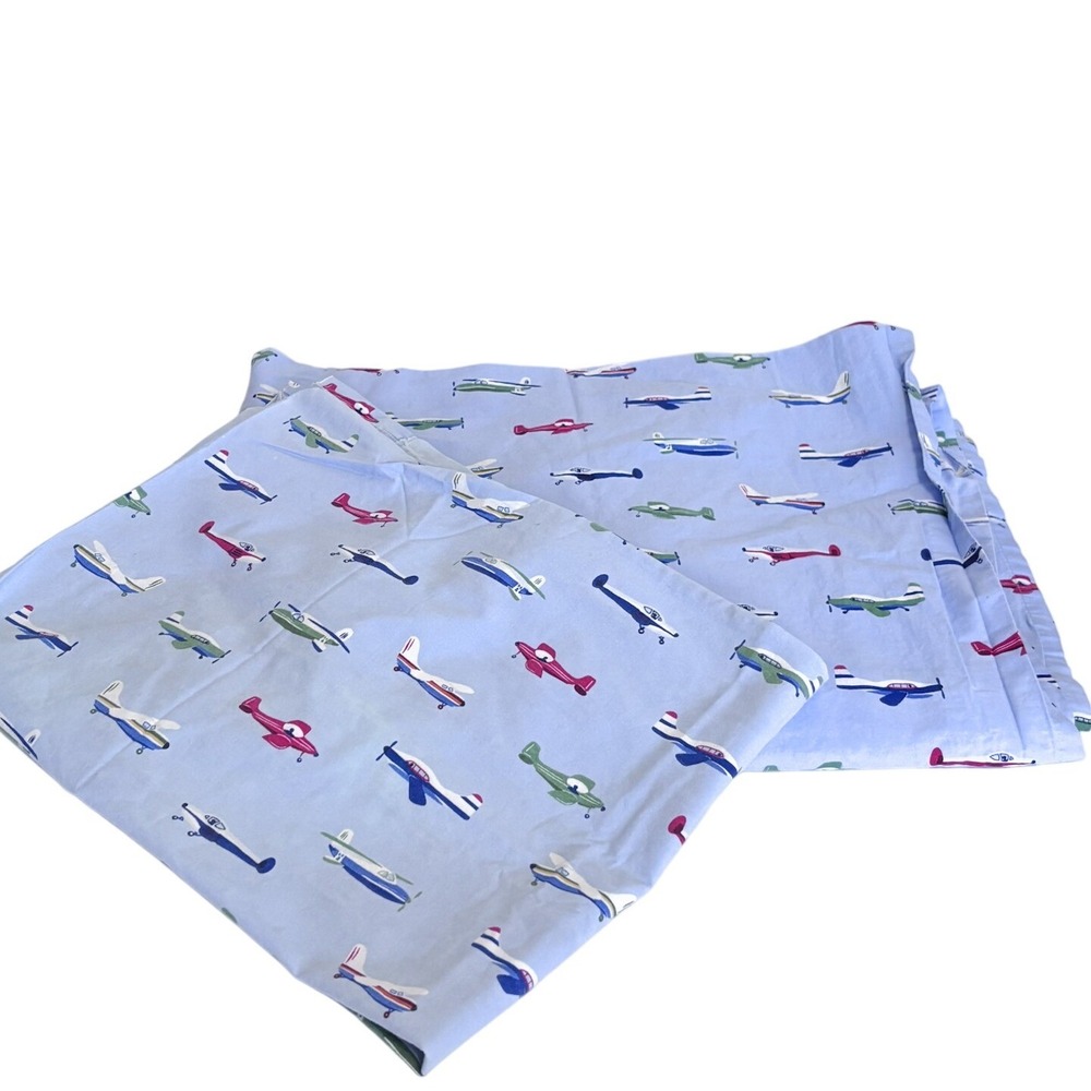 Pottery Barn Airplane Flat Sheet 1 Pillowcase Twin Size 100% Cotton Blue